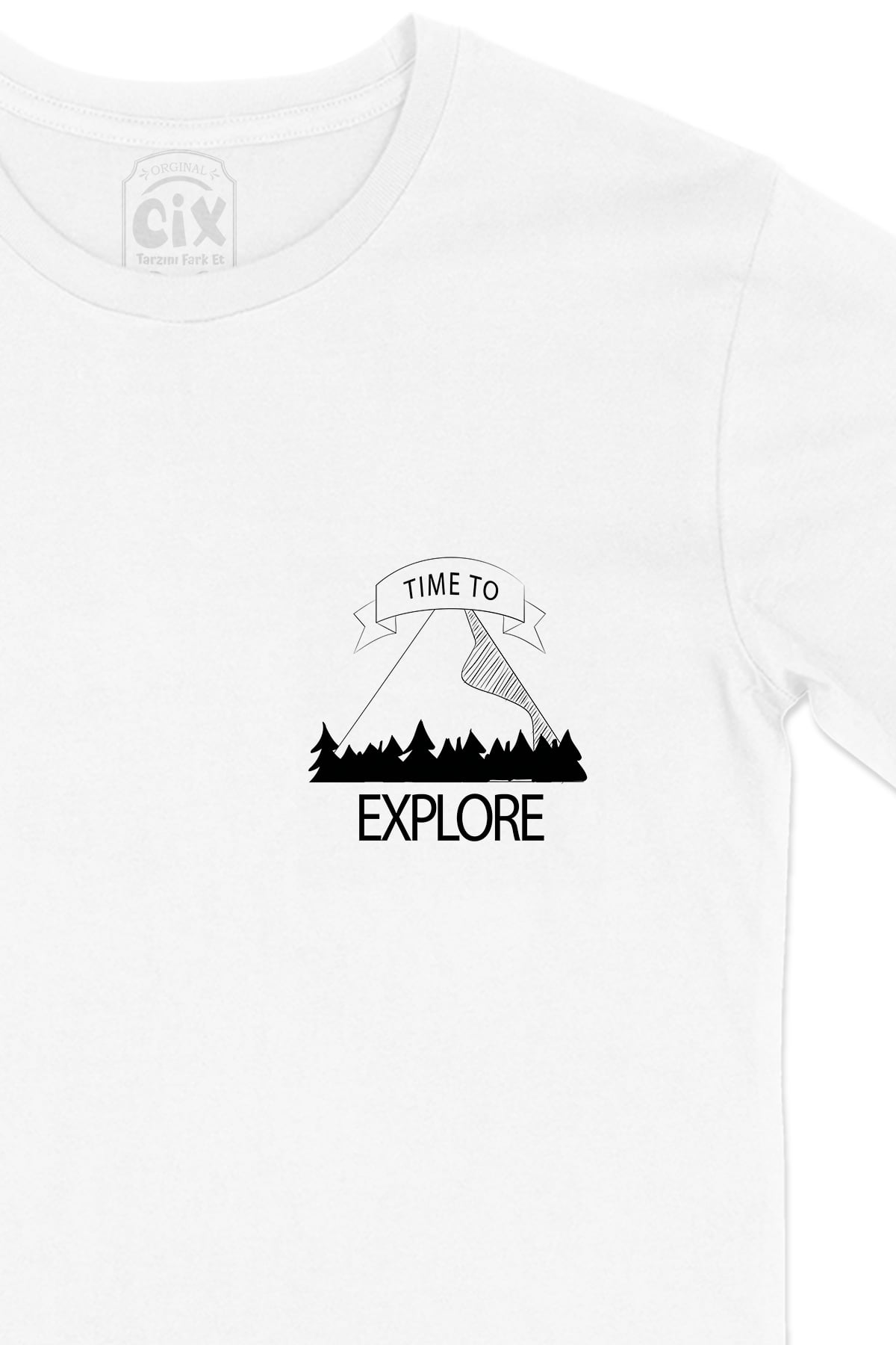 Time To Explore Cep Logo Tasarımlı Beyaz Tişört