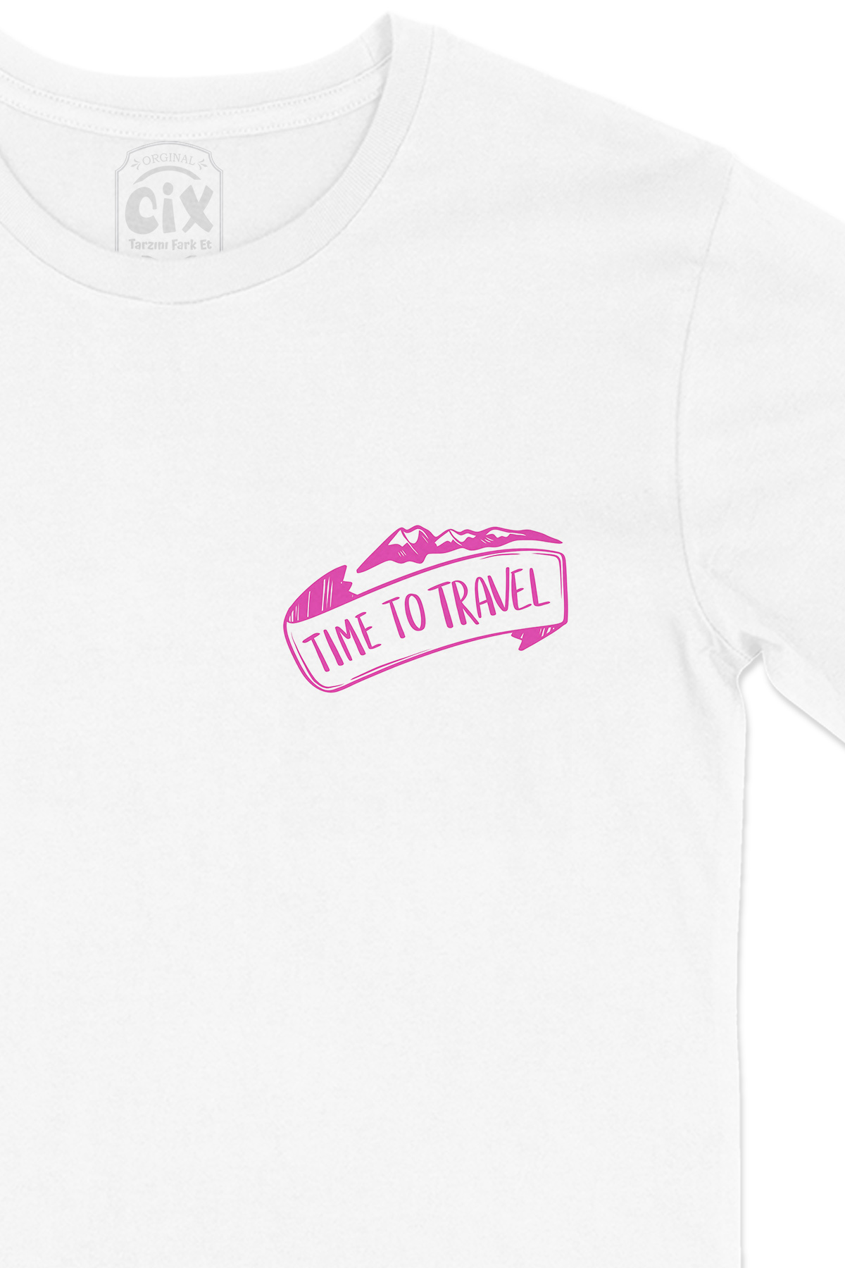 Time To Travel Cep Logo Tasarımlı Beyaz Tişört