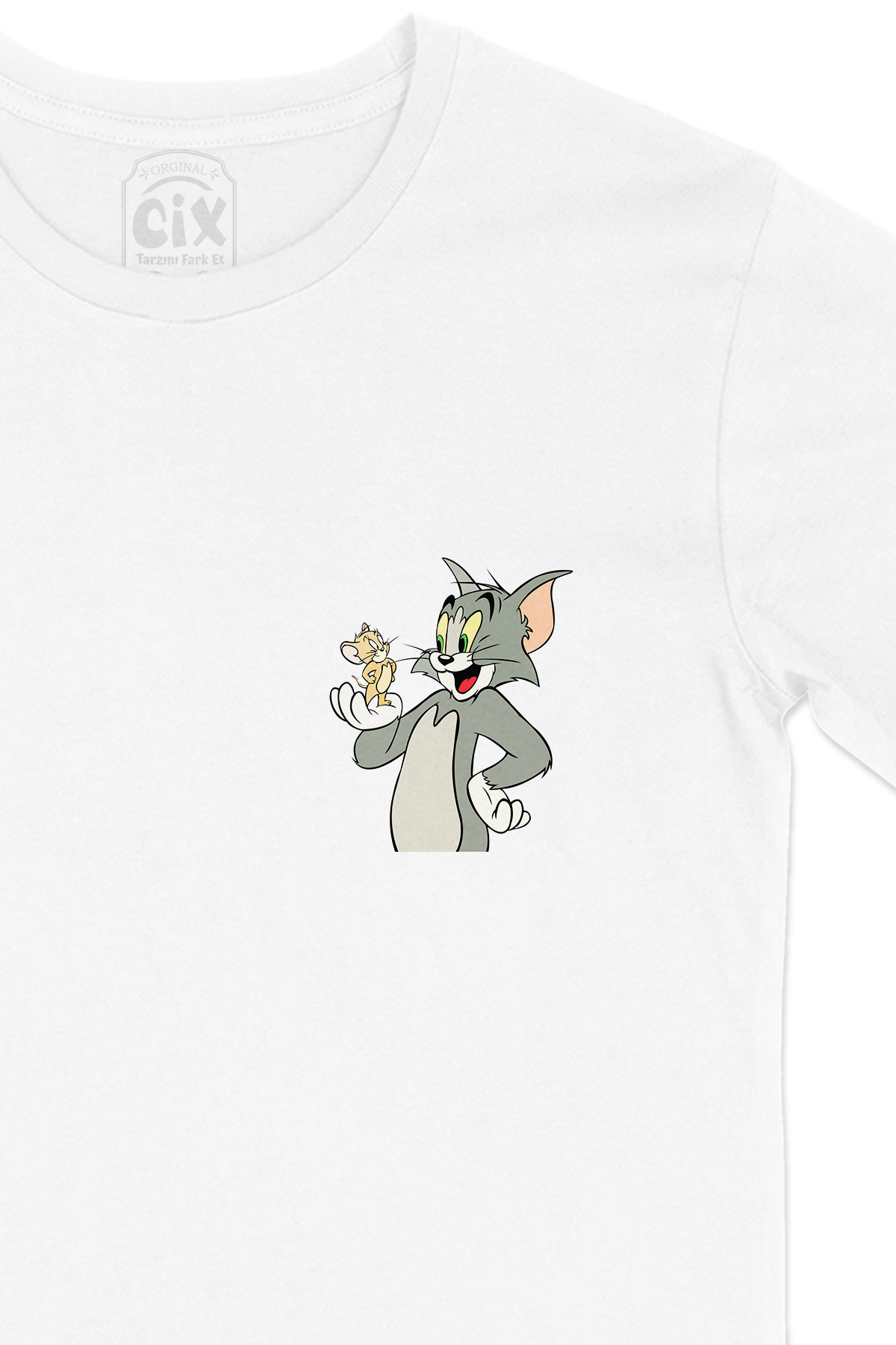 Tom Jerry Kedi Fare Cep Logo Tasarımlı Beyaz Tişört