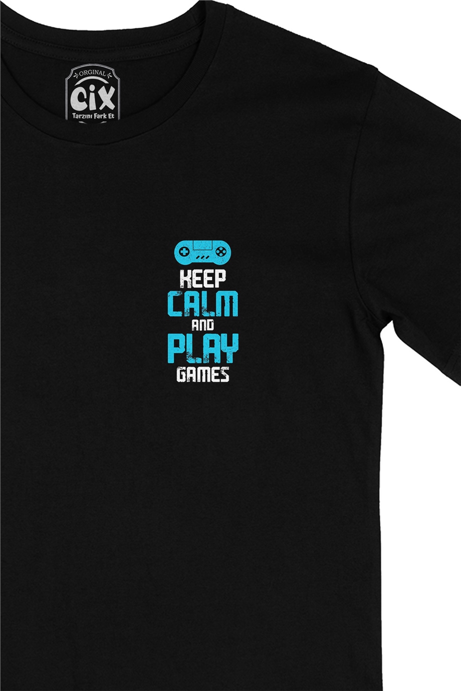 Turkuaz Keep Calm Play Game Cep Logo Tasarımlı Siyah Tişört