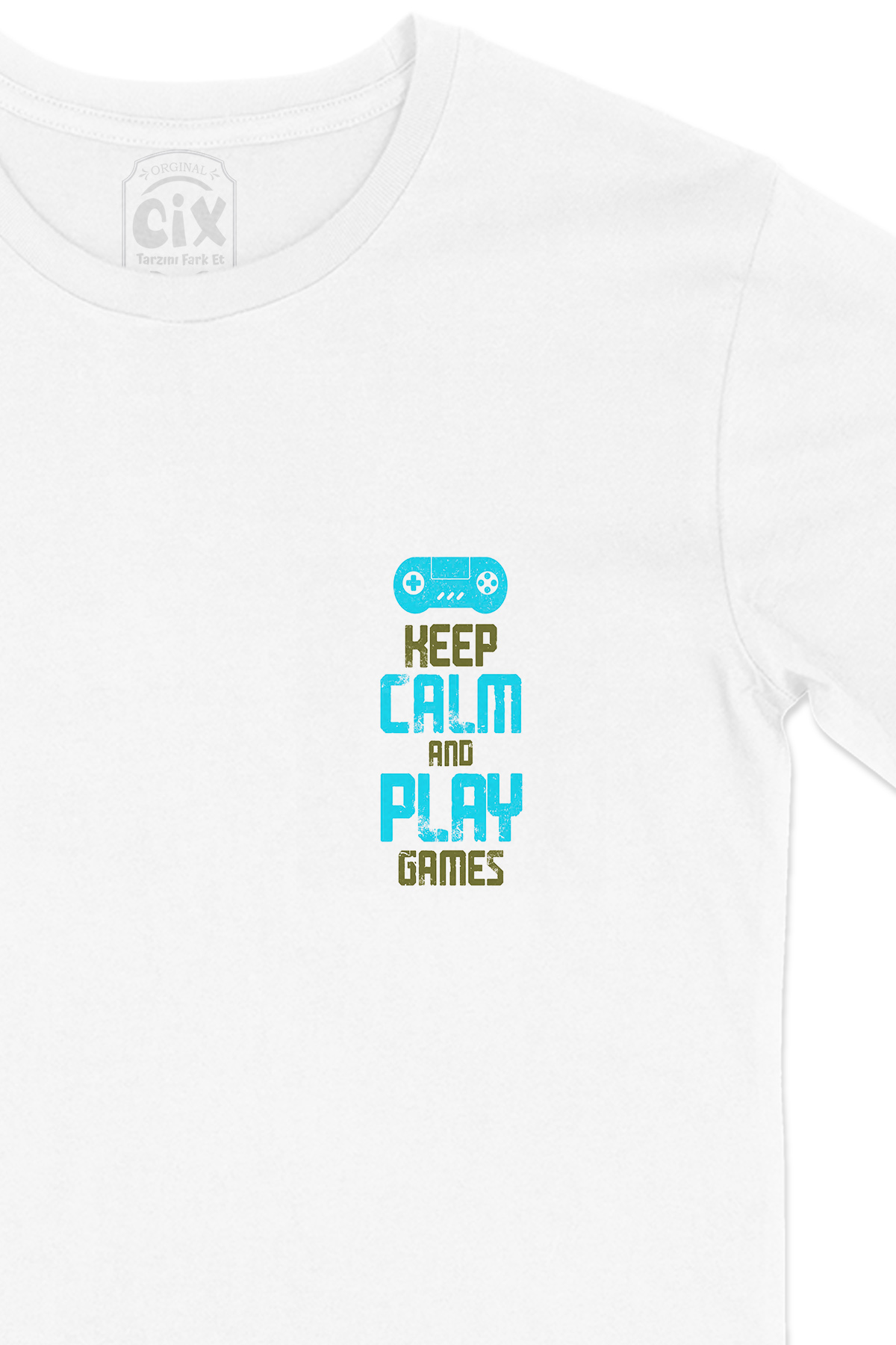 Turkuaz Keep Calm Play Game Cep Logo Tasarımlı Beyaz Tişört