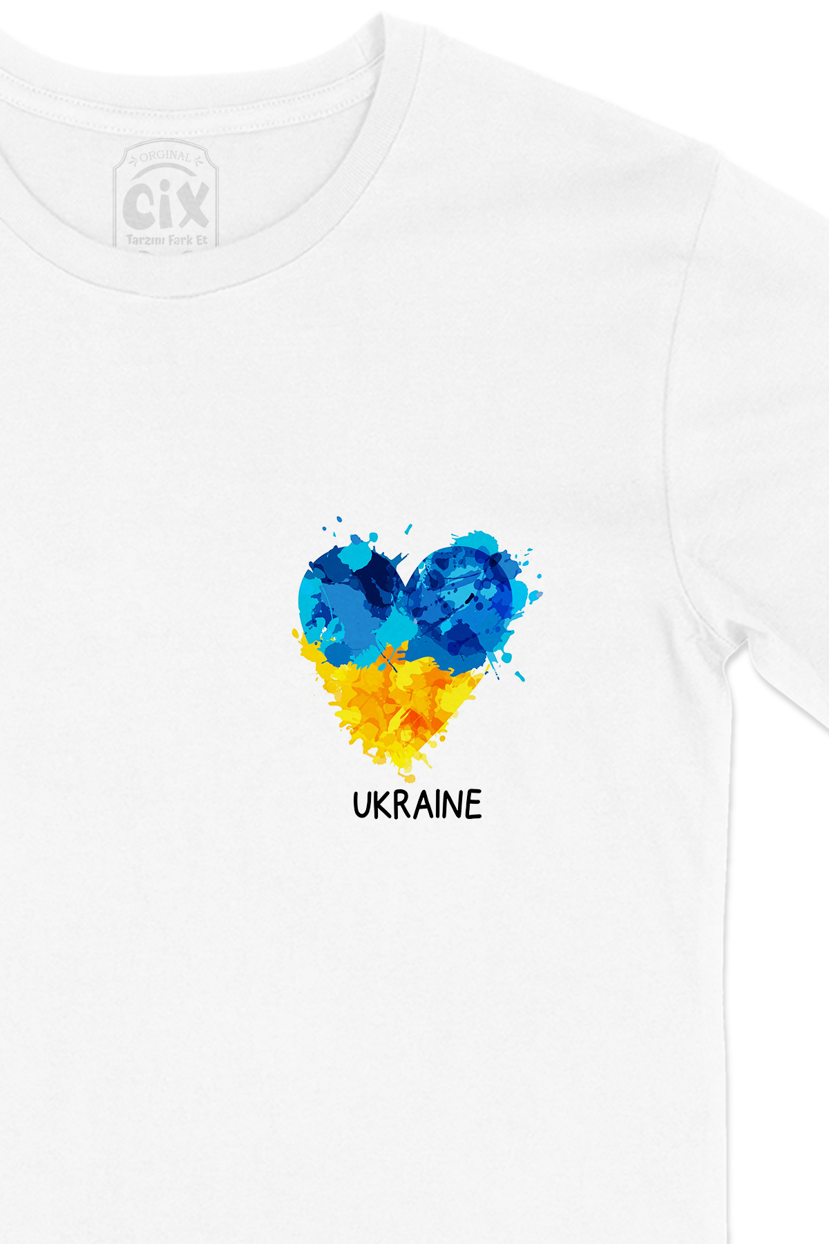 Ukraine Ukrayna Kalpli Cep Logo Tasarımlı Beyaz Tişört