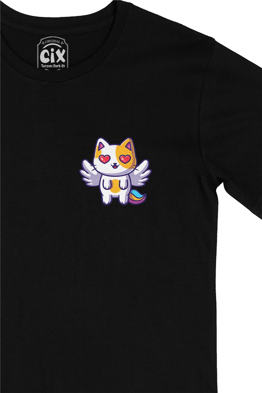 Unicorn Kedi Cep Logo Tasarımlı Siyah Tişört