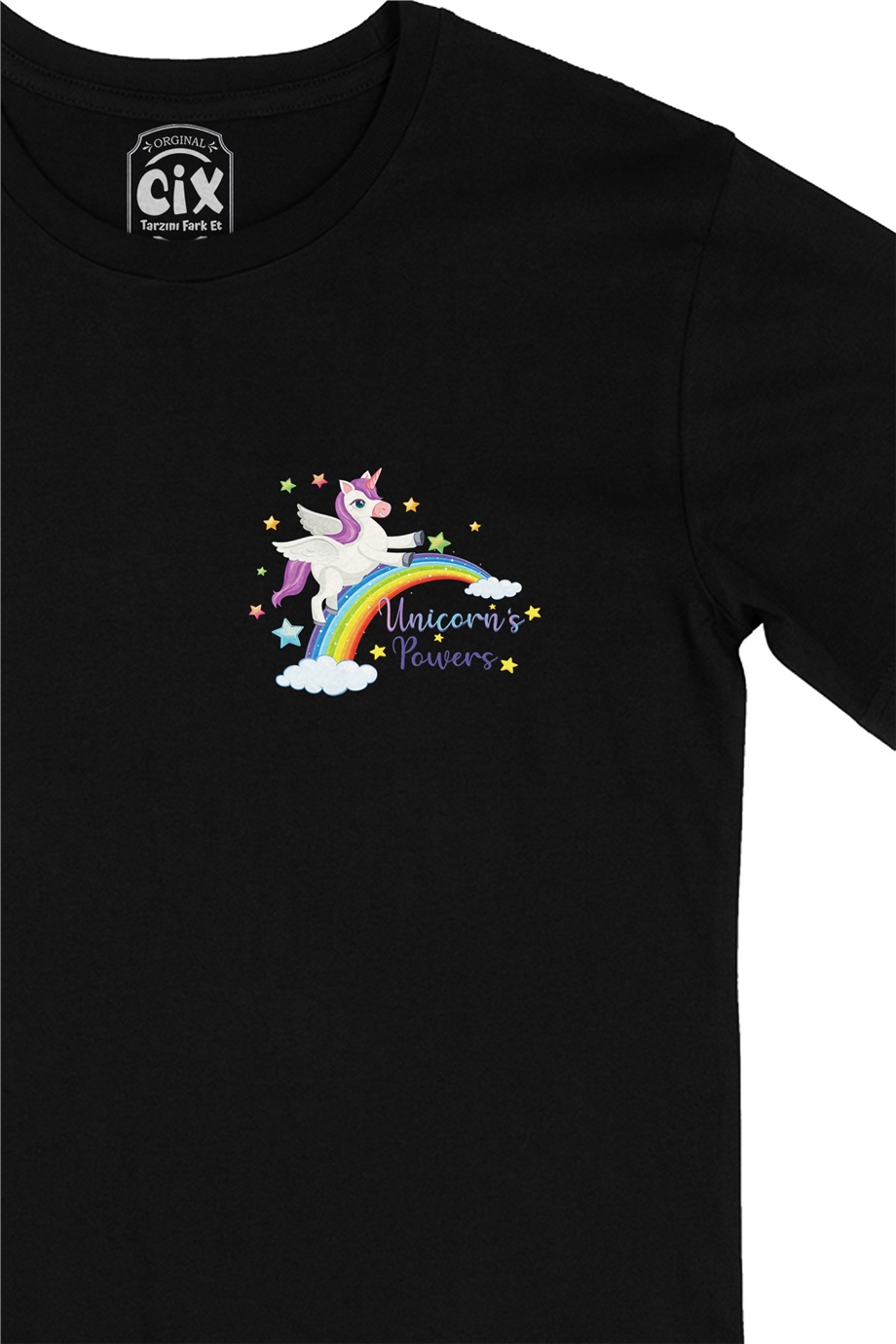 Unicorn Power Cep Logo Tasarımlı Siyah Tişört