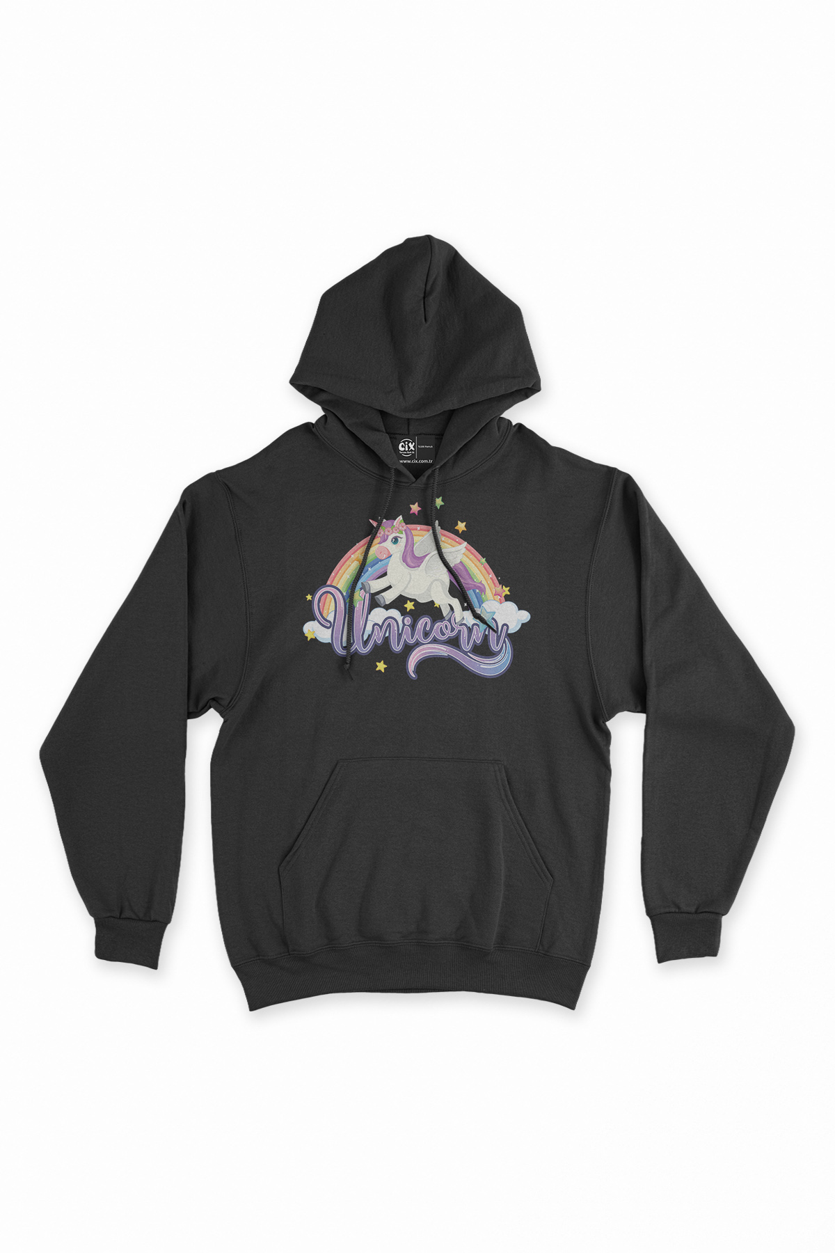 Unicorn Tasarımlı Siyah Sweatshirt Hoodie