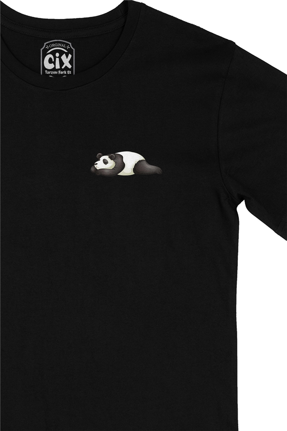 Uyuyan Panda Baskılı Cep Logo Tasarımlı Siyah Tişört