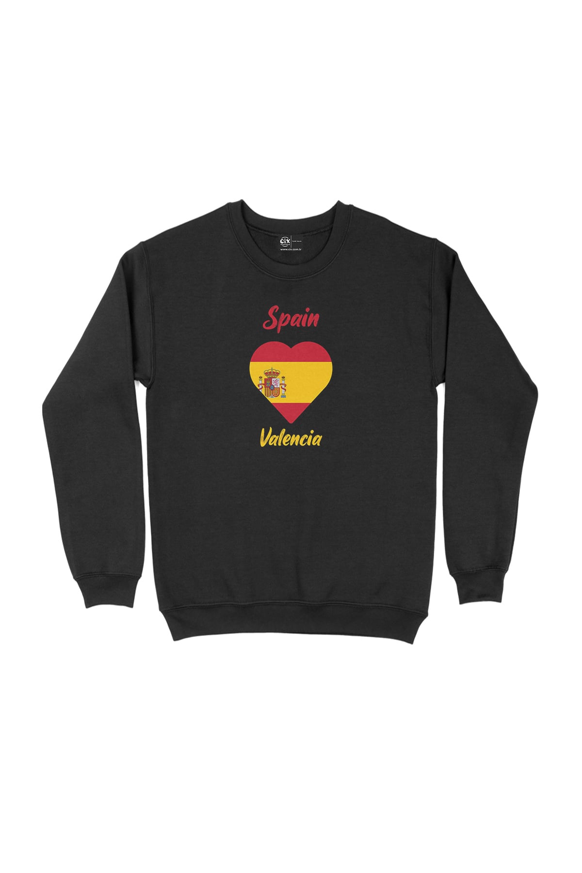 Valensiya İspanya Bayraklı Kalpli Siyah Sweatshirt