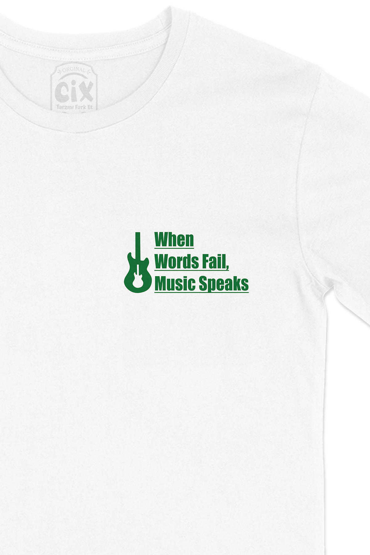 Words Fail Music Speaks Cep Logo Tasarımlı Beyaz Tişört