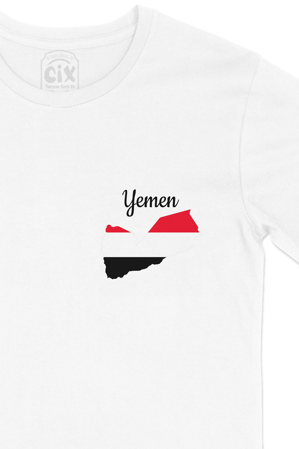 Yemen Haritalı ve Bayraklı Cep Logo Tasarımlı Beyaz Tişört