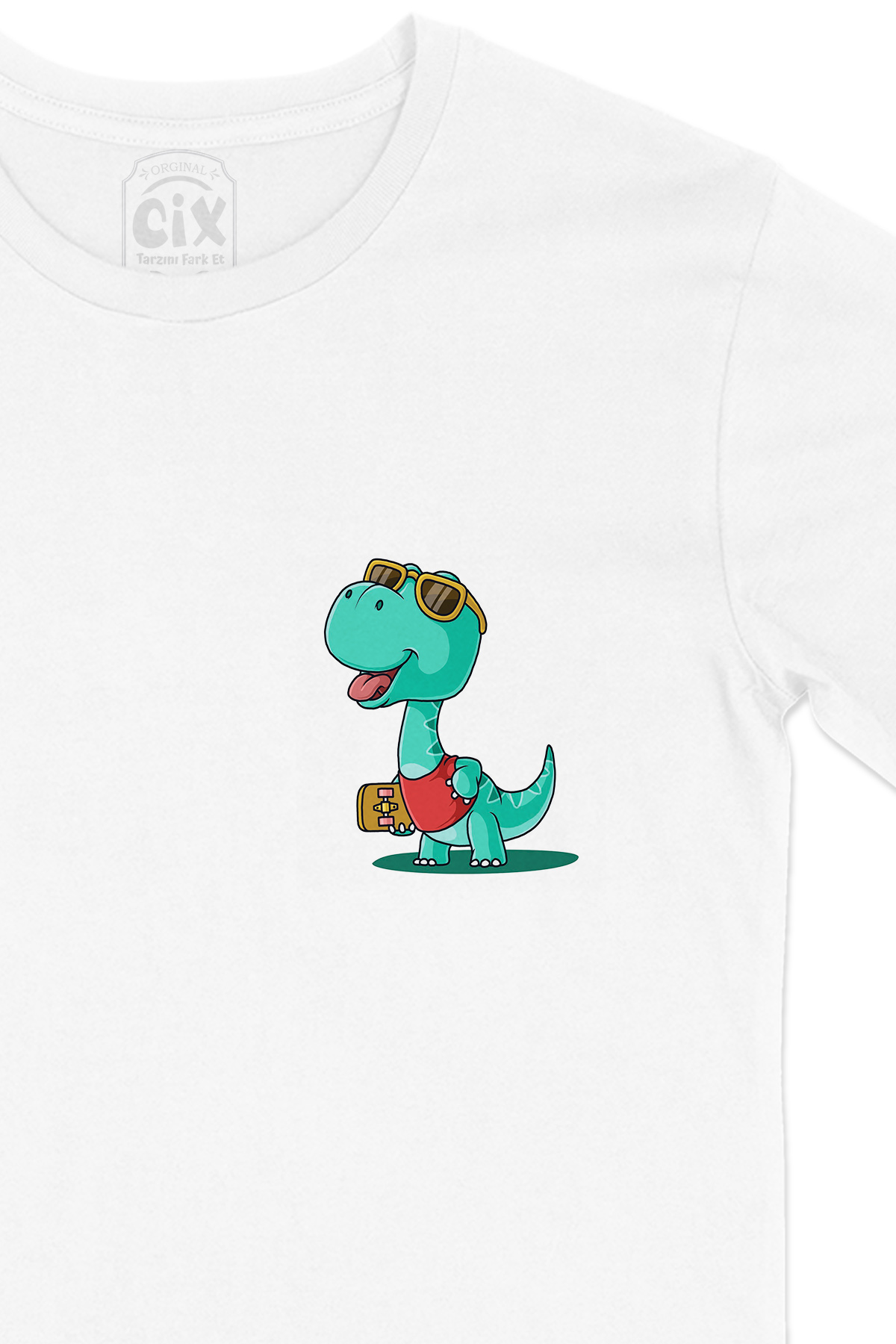 Yeşil Dinozorlu Cep Logo Tasarımlı Beyaz Tişört