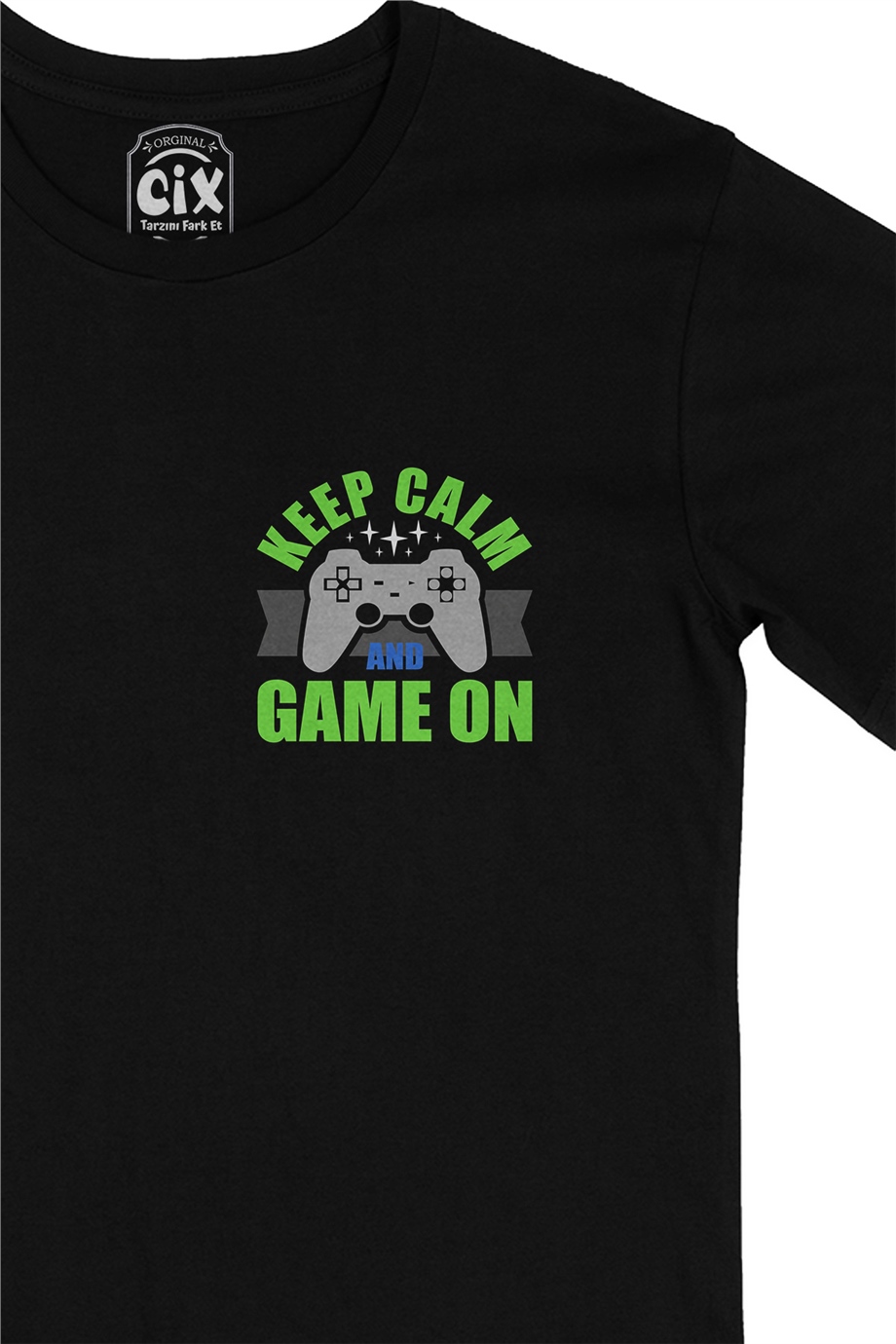 Yeşil Keep Calm Game On Cep Logo Tasarımlı Siyah Tişört
