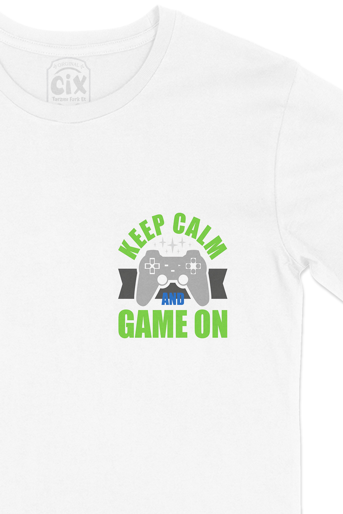 Yeşil Keep Calm Game On Cep Logo Tasarımlı Beyaz Tişört