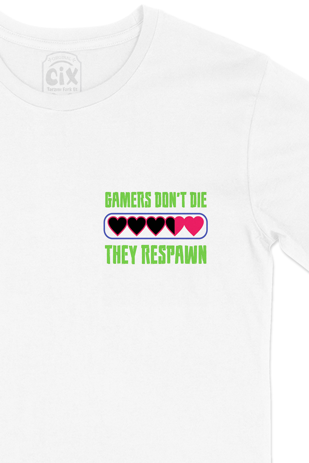 Yeşil They Respawn Cep Logo Tasarımlı Beyaz Tişört