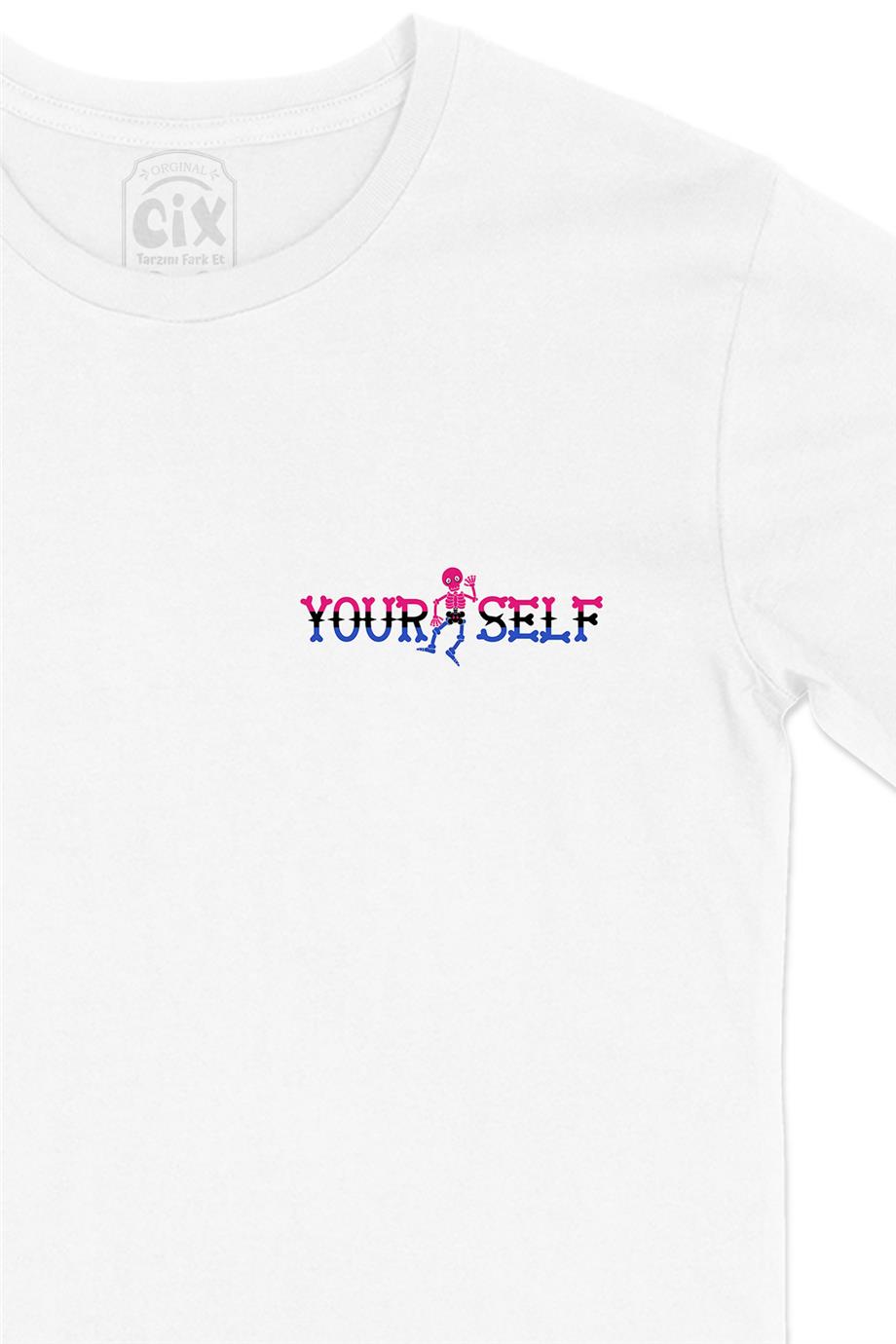 Yourself İskeletli Cep Tasarım Baskılı Beyaz Tişört