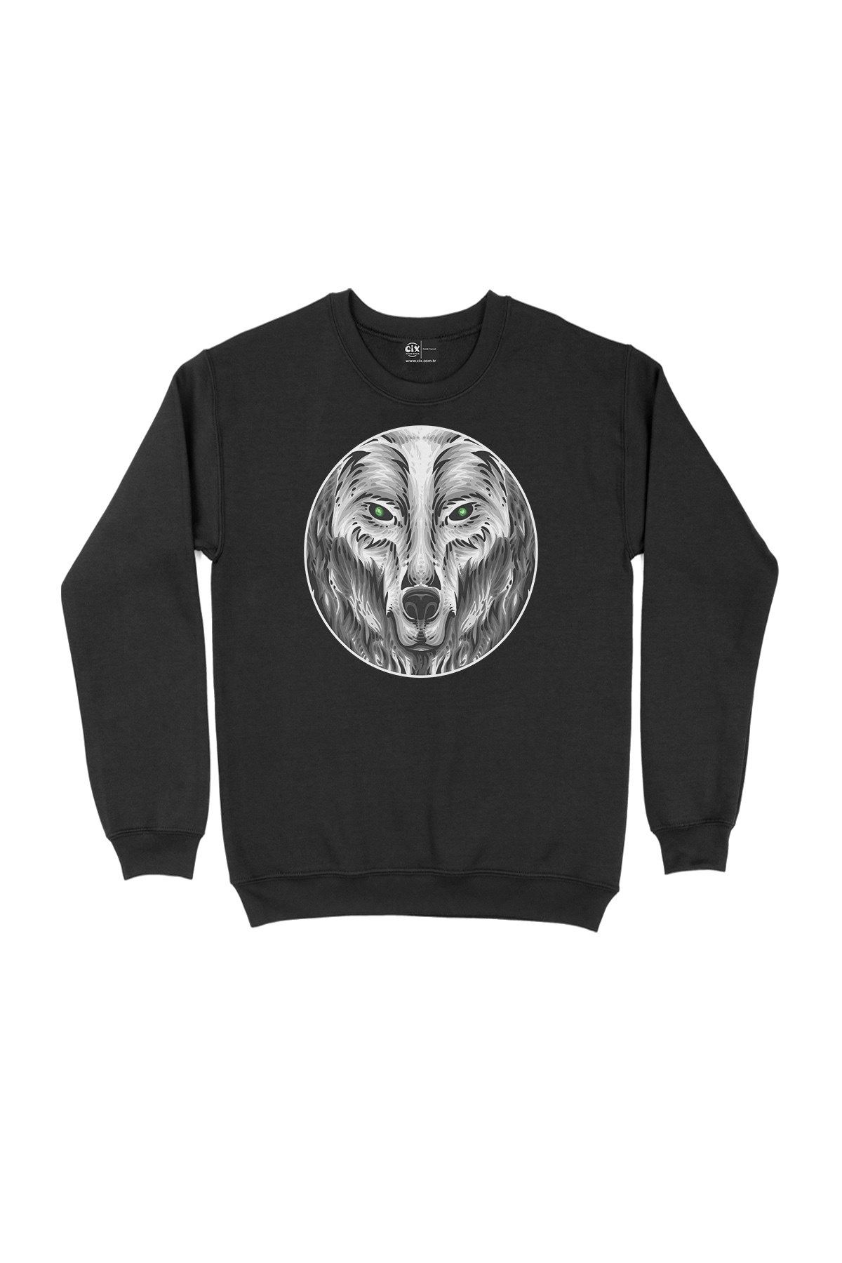 Yuvarlak Yeşil Gözlü Kurt Siyah Sweatshirt