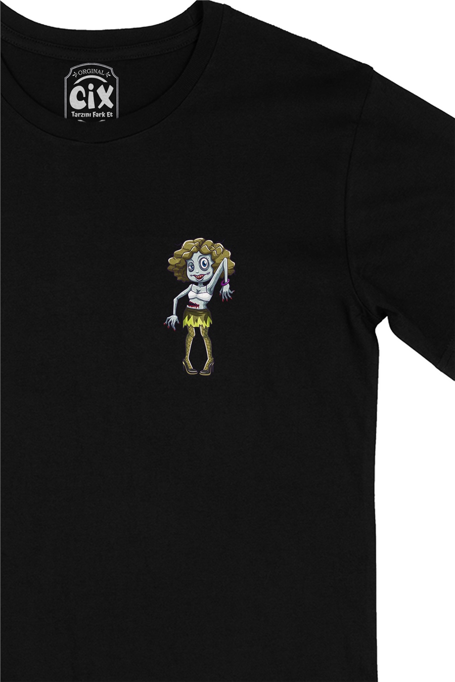 Zombies Girl Cep Logo Tasarımlı Siyah Tişört
