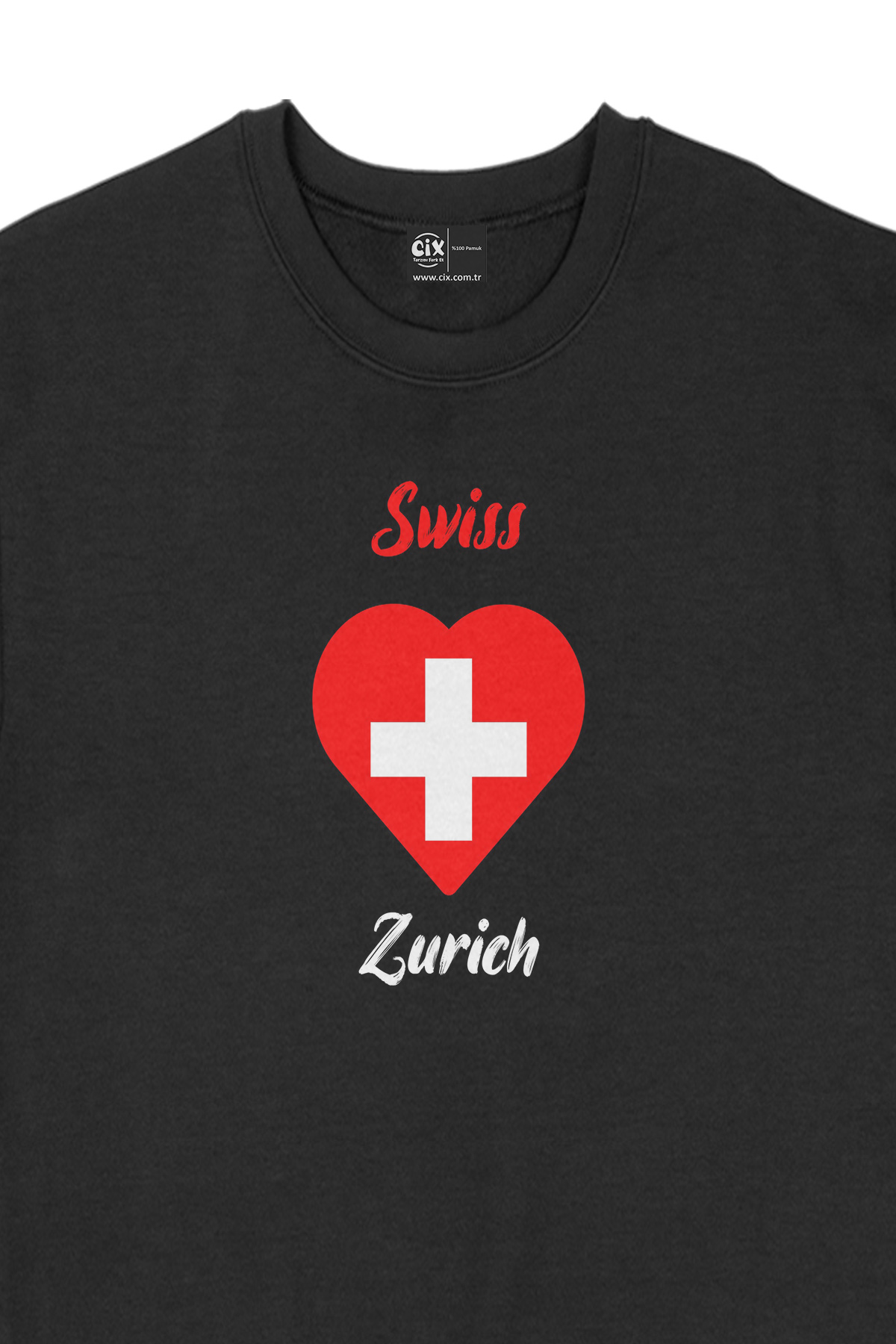 Zürih İsviçre Bayraklı Kalpli Siyah Sweatshirt