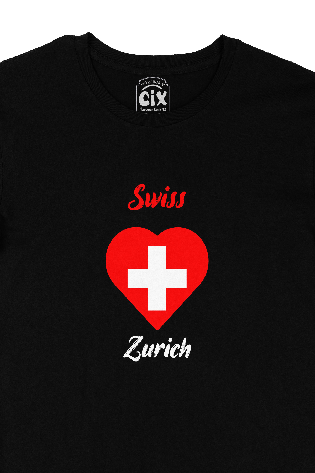 Zürih İsviçre Bayraklı Kalpli Siyah Tişört