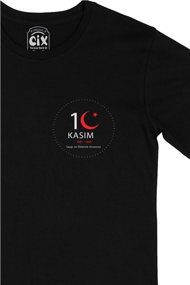 10 Kasım Atatürk Saygıyla Anıyoruz Cep Logo Tasarımlı Siyah Tişört