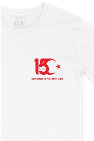 15 Temmuz Baskılı Cep Logo Tasarımlı Beyaz Tişört