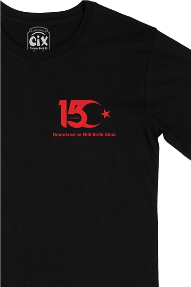 15 Temmuz Baskılı Cep Logo Tasarımlı Siyah Tişört