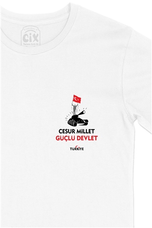 15 Temmuz Cesur Millet Güçlü Devlet Cep Logo Tasarımlı Beyaz Tişört