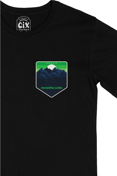 5 Stars Mountains  Cep Logo Tasarımlı Siyah Tişört