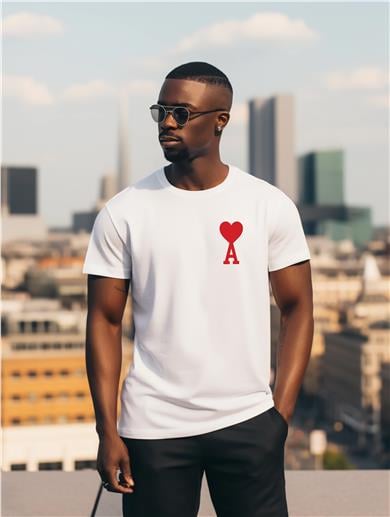 A Harf Baskılı Kalpli Ami Beyaz Tişört
