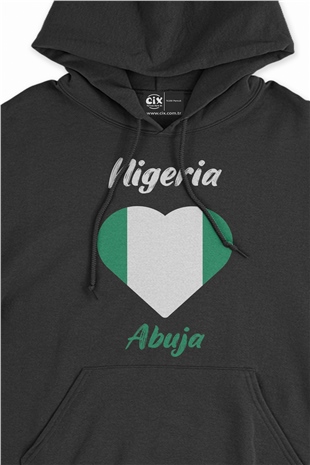 Abuja Nijerya Bayraklı Kalpli Siyah Sweatshirt Hoodie