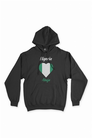 Abuja Nijerya Bayraklı Kalpli Siyah Sweatshirt Hoodie