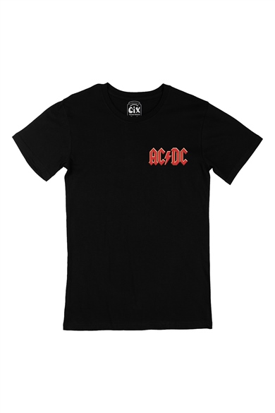 AC DC Kırmızı Logolu Cep Logo Tasarımlı Siyah Tişört