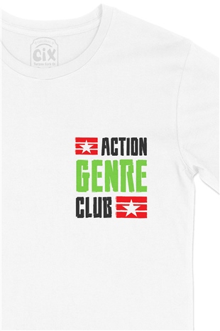 Action Genre Club Cep Logo Tasarımlı Beyaz Tişört