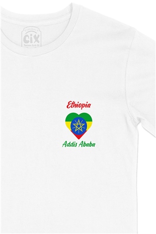Addis Ababa Etiyopya Bayraklı Kalpli Cep Logo Tasarımlı Beyaz Tişört