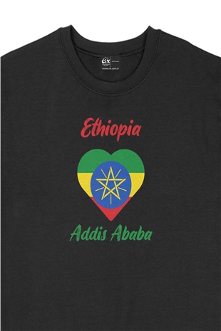 Addis Ababa Etiyopya Bayraklı Kalpli Siyah Sweatshirt