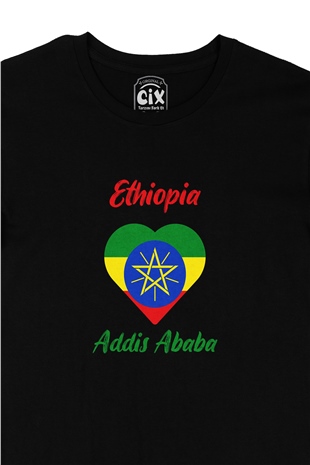 Addis Ababa Etiyopya Bayraklı Kalpli Siyah Tişört