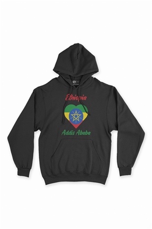 Addis Ababa Etiyopya Bayraklı Kalpli Siyah Sweatshirt Hoodie