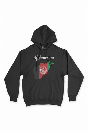Afganistan Haritalı ve Bayraklı Siyah Kapşonlu Sweatshirt Hoodie