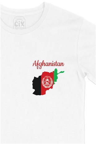 Afghanistan Harita ve Bayrak Cep Logo Tasarımlı Beyaz Tişört