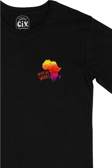 Afrika Safari Cep Tasarım Baskılı Siyah Tişört