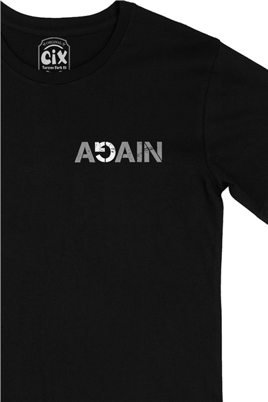 Again Tekrar Cep Logo Tasarımlı Siyah Tişört