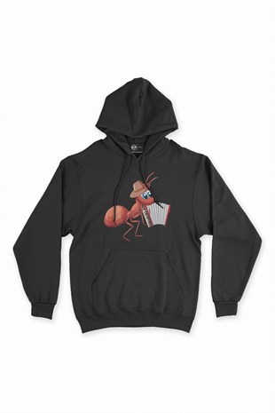 Akordeon Çalan Karınca  Siyah Kapşonlu Sweatshirt Hoodie