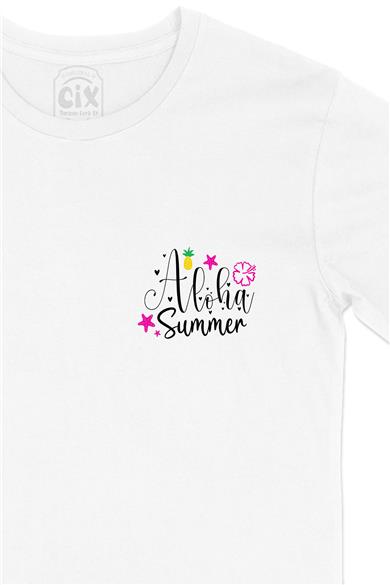 Aloha Summer Yaz Cep Tasarım Baskılı Beyaz Tişört