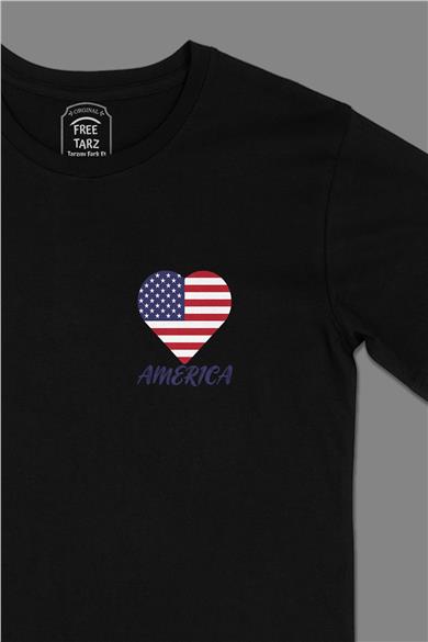 Amerika Baskılı Cep Tasarım Siyah Tişört