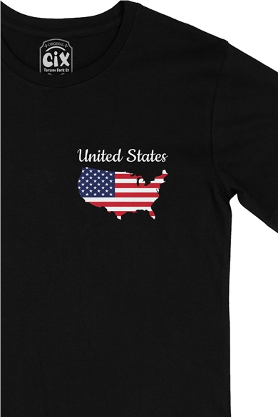 Amerika Haritalı ve Bayraklı Cep Logo Tasarımlı Siyah Tişört