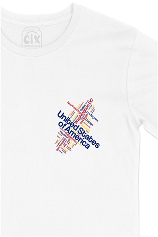 Amerika Şehir İsimli Cep Logo Tasarımlı Beyaz Tişört