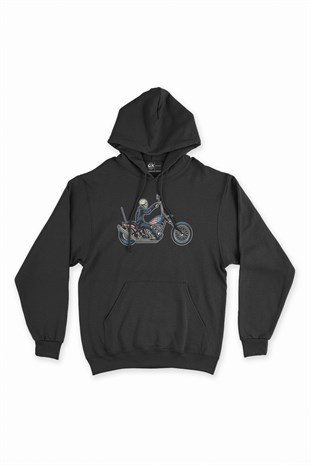 Amerikan Motorcu Kurukafa Siyah Kapşonlu Sweatshirt Hoodie