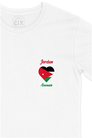 Amman Ürdün Bayraklı Kalpli Cep Logo Tasarımlı Beyaz Tişört