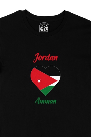 Amman Ürdün Bayraklı Kalpli Siyah Tişört