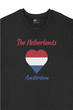 Amsterdam Hollanda Bayraklı Kalpli Siyah Sweatshirt