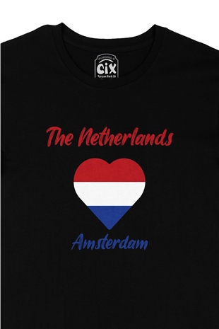 Amsterdam Hollanda Bayraklı Kalpli Siyah Tişört